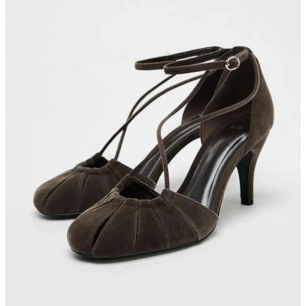 Zara NWT Brown Velvet Cross Strap Balletcore Heels 7.5 - Picture 6 of 16